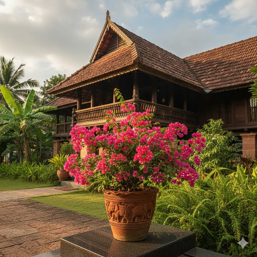 Bougainvillea plant in a pot with bright pink flowers in front of a traditional Kerala house