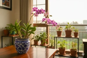 Home Dendrobium orchid blooming in India, healthy leaves and flowers.