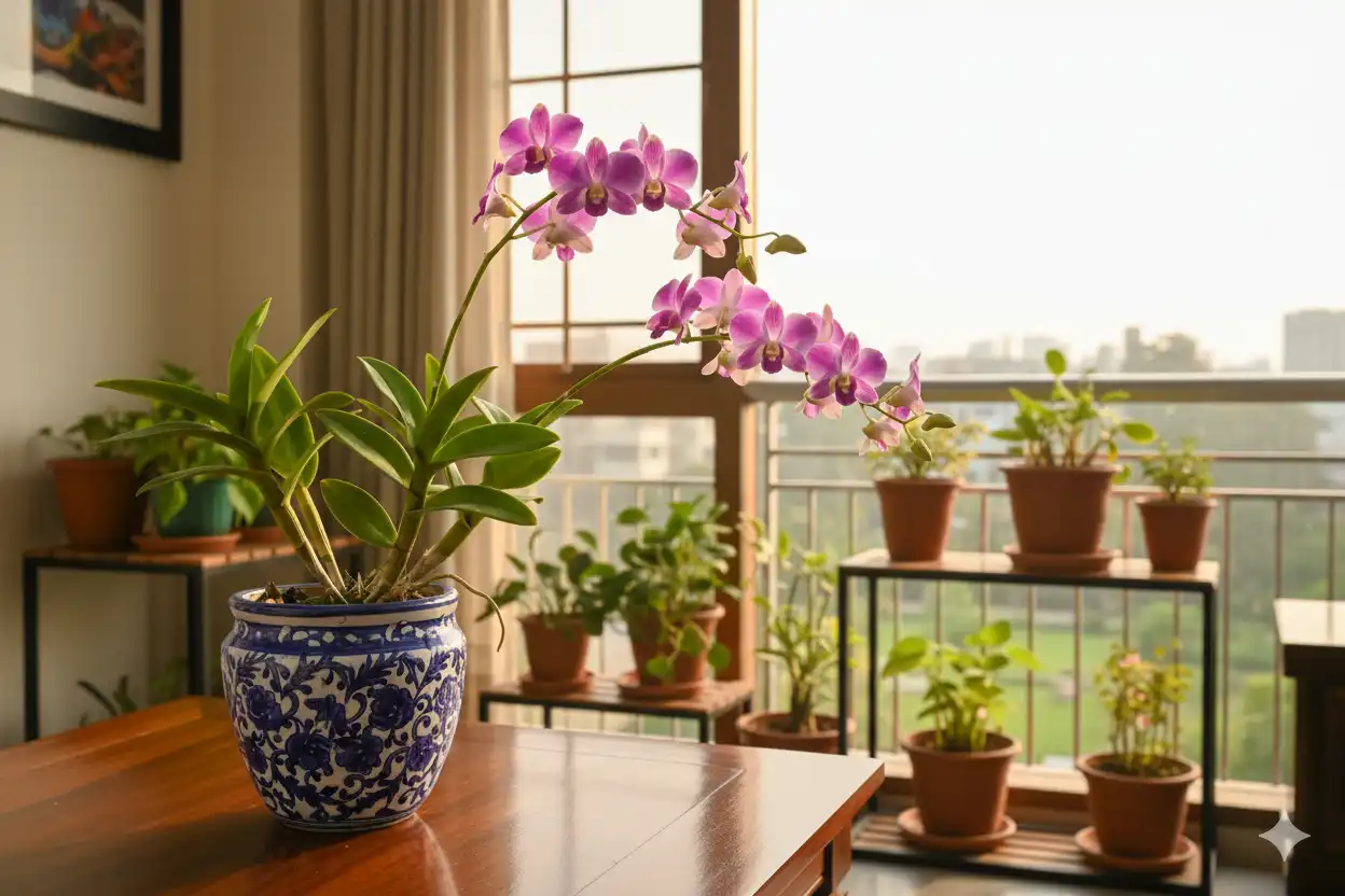 Dendrobium orchid blooming in India, healthy leaves and flowers.
