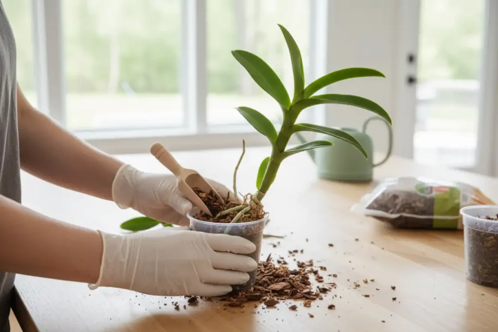 The Ultimate Guide to Dendrobium Orchid Care in India Gardener preparing dendrobium orchid potting mix with bark, coconut husk, charcoal, and sphagnum moss
