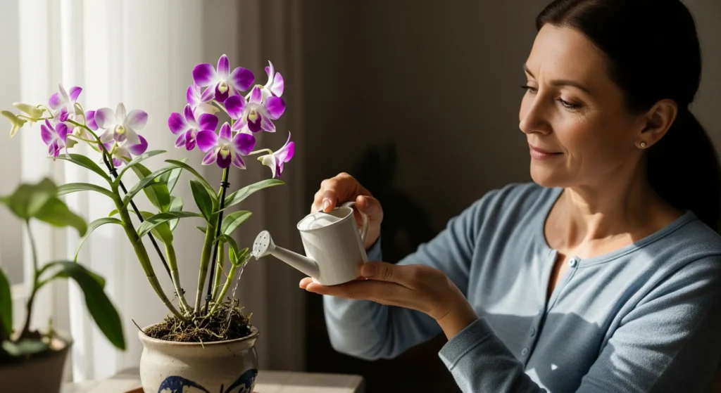 The Ultimate Guide to Dendrobium Orchid Care in India Person watering a healthy Dendrobium orchid in a pot